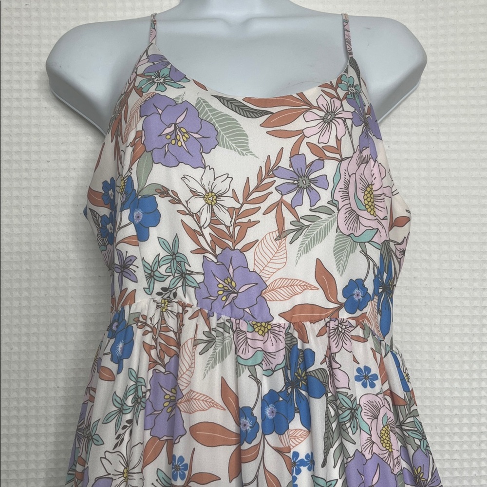 White Tiered Floral Print Maxi Dress Adjustable Spaghetti Straps Size Large - Picture 3 of 13